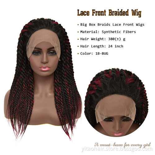 Burgundy Box Braided Lace Front Wig Braids Long Straight Synthetic Wigs For Afro Black Women Daily Wear Black Mixed Wine Red
